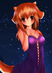 Rule 34 | 1girl, animal ears, bare arms, blush, breasts, brown eyes, brown hair, commentary request, isekai meikyuu de harem wo, long hair, musasab, night, night sky, nightgown, roxanne (isekai meikyuu de harem wo), sky, smile, solo, star (sky), starry sky, strapless, tail