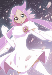 Rule 34 | 10s, 1girl, ahoge, blue eyes, brooch, cherry blossoms, choker, dress, elbow gloves, face, flower, gloves, haganemaru kennosuke, heart, heartcatch precure!, heterochromia, jewelry, light purple hair, long hair, magical girl, mugen silhouette, open mouth, petals, precure, purple eyes, scarf, solo, thighhighs, twintails