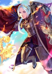 Rule 34 | 1girl, absurdres, armor, axe, aymr (fire emblem), breasts, cape, closed mouth, edelgard von hresvelg, fire, fire emblem, fire emblem: three houses, fire emblem warriors: three hopes, gloves, hair ornament, highres, long hair, long sleeves, looking at viewer, miss eliott, nintendo, purple eyes, red cape, shield, simple background, solo, white hair