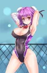 Rule 34 | 1girl, armpits, arms behind head, arms up, bandages, blurry, blush, breasts, bun cover, chain-link fence, cleavage, competition swimsuit, covered navel, cowboy shot, depth of field, double bun, female focus, fence, flower, frills, groin, hair between eyes, hair bun, highleg, highleg swimsuit, ibaraki kasen, large breasts, light particles, one-piece swimsuit, open mouth, pink eyes, purple hair, red eyes, red flower, red rose, ribbon, rose, short hair, sideboob, solo, spread legs, standing, sumapan, swimsuit, touhou, wide hips