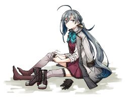 Rule 34 | 1girl, ahoge, black gloves, blue bow, blue bowtie, blue hair, boots, bow, bowtie, coat, coat on shoulders, cross-laced footwear, dress, dressing, full body, gloves, grey hair, grey thighhighs, hair between eyes, hair ribbon, kantai collection, kiyoshimo (kancolle), kiyoshimo kai ni (kancolle), lace-up boots, long hair, looking at viewer, miroku san-ju, multicolored hair, purple dress, purple eyes, ribbon, shirt, shoes, simple background, sitting, solo, thighhighs, twintails, unworn gloves, unworn shoes, very long hair, white shirt