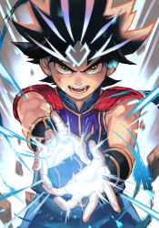 Rule 34 | 1boy, armor, black hair, cross scar, dai (dragon quest), dragon quest, dragon quest dai no daibouken, energy, facial mark, facial scar, fangs, floating rock, forehead mark, glowing, hungry clicker, male focus, open mouth, orange eyes, pauldrons, powering up, rock, scar, scar on cheek, scar on face, scratches, serious, shoulder armor, solo, spiked hair, teeth, upper body, vambraces