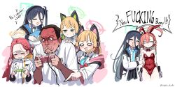 Rule 34 | 1boy, 5girls, absurdly long hair, absurdres, anger vein, angry, angry video game nerd, animal ear headphones, animal ears, aris (blue archive), bare shoulders, blonde hair, blue archive, blue necktie, bow, bowtie, braid, breasts, brown hair, cat ear headphones, closed mouth, collarbone, collared shirt, commentary request, constricted pupils, controller, covered navel, crossover, crying, detached collar, doodle shark, electric guitar, english text, fake animal ears, forehead, game controller, game development department (blue archive), guitar, halo, headphones, highres, holding, holding controller, holding game controller, instrument, jacket, james rolfe, korean commentary, leotard, long hair, midori (blue archive), mixed-language commentary, mole, mole under eye, momoi (blue archive), multiple girls, necktie, neru (blue archive), neru (bunny) (blue archive), official alternate costume, one side up, open mouth, orange hair, parted bangs, playing games, playing guitar, pointing, profanity, red bow, red bowtie, red leotard, shirt, short hair, short sleeves, small breasts, smile, sukajan, swept bangs, traditional bowtie, twitter username, very long hair, white jacket, white shirt, yuzu (blue archive)