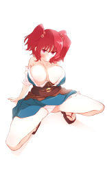 Rule 34 | 1girl, arm support, bad id, bad pixiv id, blue dress, breasts, cleavage, clog sandals, detached sleeves, dress, hair bobbles, hair ornament, highres, japanese clothes, large breasts, looking at viewer, non (z-art), off shoulder, okobo, onozuka komachi, panties, pantyshot, puffy short sleeves, puffy sleeves, red eyes, red hair, sandals, sash, short sleeves, simple background, squatting, touhou, underwear, white background, white panties
