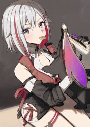 Rule 34 | 1girl, absurdres, bare shoulders, black dress, blue eyes, buttons, collared shirt, commentary, cropped legs, detached sleeves, double-breasted, dress, food in mouth, gradient eyes, grey background, grey hair, hair between eyes, highres, honkai: star rail, honkai (series), looking at viewer, mole, mole on thigh, multicolored eyes, multicolored hair, numby (honkai: star rail), red hair, red ribbon, ribbon, shirt, sitting, streaked hair, syhan, thighs, topaz (honkai: star rail), trotter (honkai: star rail), white shirt, yellow eyes
