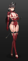Rule 34 | 1girl, absurdres, alternate costume, animal ears, atago (azur lane), azur lane, bikini, black background, black hair, boots, breasts, cameltoe, cleavage, closed mouth, collarbone, earrings, elbow gloves, extra ears, fishnet thighhighs, fishnets, garter straps, gins, gloves, gradient background, grey background, hair ribbon, highres, jewelry, large breasts, latex, long hair, looking at viewer, micro bikini, red bikini, red footwear, red gloves, ribbon, sheath, sheathed, short sleeves, shrug (clothing), smile, solo, swimsuit, sword, thigh boots, thighhighs, toeless footwear, very long hair, weapon, white ribbon, zipper pull tab
