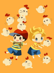 Rule 34 | 2boys, backpack, bag, baseball cap, blonde hair, blue shorts, blush stickers, doseisan, hat, hitofutarai, lucas (mother 3), male focus, mother (game), mother 2, mother 3, multiple boys, ness (mother 2), nintendo, on head, open mouth, orange background, orange footwear, outstretched arms, red footwear, red headwear, shirt, short hair, shorts, simple background, socks, spread arms, stacking, striped clothes, striped shirt, white socks