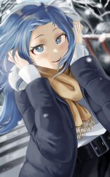Rule 34 | 1girl, absurdres, alternate costume, belt, black coat, black skirt, blue eyes, blue hair, boku no hero academia, coat, fengling (furin-jp), hadou nejire, hands up, highres, light smile, long hair, looking at viewer, outdoors, scarf, skirt, snow, snowing, solo, standing, sweater, white sweater, winter, winter clothes
