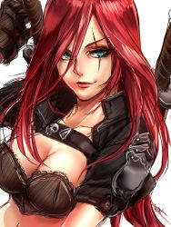 Rule 34 | 1girl, aqua eyes, breasts, cleavage, collarbone, cropped jacket, hair over one eye, katarina (league of legends), knife, league of legends, lips, long hair, looking to the side, midriff, non (nonzile), red hair, scar, sketch, smile, solo, weapon