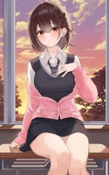 Rule 34 | 1girl, absurdres, black skirt, black vest, blue necktie, blunt bangs, blush, book, brown hair, classroom, closed mouth, cloud, collared shirt, cowboy shot, desk, hair ornament, hairpin, highres, indoors, lebring, looking at viewer, nail polish, necktie, off shoulder, on desk, original, pink sweater, plaid necktie, pleated skirt, purple sky, red eyes, red sky, school uniform, shirt, short hair, sitting, skirt, sky, sunset, sweater, vest, white shirt, window, yellow sky