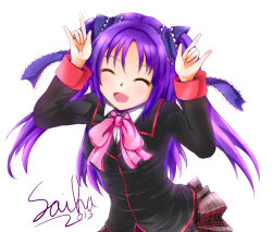 Rule 34 | 1girl, :d, \m/, ^ ^, blush, closed eyes, double \m/, closed eyes, little busters!, long hair, love live!, love live! school idol project, nico nico nii, open mouth, parody, pleated skirt, purple hair, saihamaru, sasasegawa sasami, school uniform, season connection, voice actor connection, signature, skirt, smile, solo, tokui sora, twintails