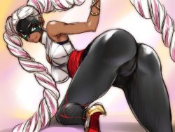 Rule 34 | 1girl, all fours, arm up, arms (game), ass, bare shoulders, breasts, crotch seam, dark skin, dark-skinned female, drill hair, high heels, impossible clothes, impossible shirt, large breasts, lipstick, long hair, looking back, makeup, mask, mitarashi kousei, multicolored hair, pants, pink hair, shirt, sketch, solo, tight clothes, tight pants, twin drills, twintelle (arms), two-tone hair, very long hair, white hair