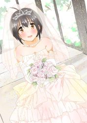 Rule 34 | 1girl, 216 zig, ahoge, bare shoulders, black hair, blush, bouquet, bow, bridal veil, brown eyes, collarbone, commentary request, dress, earrings, elbow gloves, flower, gloves, heart, highres, idolmaster, idolmaster cinderella girls, jewelry, kohinata miho, looking at viewer, necklace, open mouth, pearl necklace, short hair, solo, tearing up, tiara, veil, wavy mouth, wedding dress, white gloves