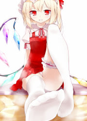 Rule 34 | 1girl, bad id, bad pixiv id, blonde hair, bridal garter, feet, female focus, flandre scarlet, foot focus, foreshortening, hat, legs, looking at viewer, no shoes, oouso, panties, red eyes, side ponytail, sitting, smile, soles, solo, thigh strap, thighhighs, toes, touhou, underwear, white panties, white thighhighs, wings