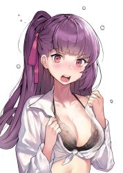 Rule 34 | 1girl, bad id, bad pixiv id, black bra, blunt bangs, blush, bra, breasts, cleavage, collarbone, collared shirt, embarrassed, girls&#039; frontline, hair ribbon, large breasts, long hair, long sleeves, looking at viewer, nose blush, open clothes, open shirt, pink eyes, pink ribbon, ponytail, purple hair, revision, ribbon, shirt, simple background, solo, suou-sensei, teeth, twitter username, underwear, upper body, upper teeth only, v-shaped eyebrows, wa2000 (girls&#039; frontline), white background, white shirt