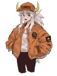 Rule 34 | 1girl, artist name, baseball cap, blush, bomber jacket, brown eyes, commentary request, contemporary, cowboy shot, cropped legs, demon girl, demon horns, eungi, hair between eyes, hands in pockets, hat, highres, horns, horns through headwear, jacket, jewelry, korean commentary, long hair, looking at viewer, messy hair, open clothes, open jacket, open mouth, orange hat, orange jacket, orange shirt, original, oversized clothes, pants, patch, pointy ears, ponytail, sharp teeth, shirt, sidelocks, simple background, solo, standing, symbol-shaped pupils, teeth, transparent background, very long hair, white background, white shirt, yellow pupils