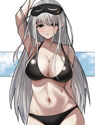 Rule 34 | 1girl, arm up, armpits, bare shoulders, bikini, black bikini, breasts, cleavage, closed mouth, collarbone, cowboy shot, frima (nikke), goddess of victory: nikke, grey hair, highres, large breasts, long hair, looking at viewer, mask, mask on head, navel, sleep mask, solo, standing, stomach, swimsuit, white background, yakii (yak11), yellow eyes