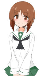 Rule 34 | 1girl, ame (amechan17391739), bad id, bad twitter id, black neckerchief, blouse, blush, brown eyes, brown hair, closed mouth, commentary, cowboy shot, girls und panzer, green skirt, highres, long sleeves, looking at viewer, miniskirt, neckerchief, nishizumi miho, one-hour drawing challenge, ooarai school uniform, pleated skirt, sailor collar, school uniform, serafuku, shirt, short hair, simple background, skirt, smile, solo, standing, v arms, white background, white sailor collar, white shirt