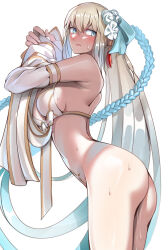 Rule 34 | 1girl, ass, ayakumo, bare shoulders, bikini, blue eyes, blue hair, blush, bottomless, braid, breasts, detached sleeves, fate/grand order, fate (series), flower, gold trim, gradient hair, hair flower, hair ornament, hair ribbon, highres, large breasts, long hair, looking back, morgan le fay (fate), morgan le fay (water princess) (fate), multicolored hair, open mouth, ponytail, ribbon, sidelocks, solo, swimsuit, thighs, twin braids, very long hair, white bikini, white hair