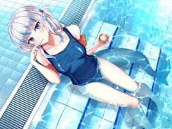 Rule 34 | 1girl, blue eyes, blue hair, blue one-piece swimsuit, blunt bangs, breasts, collarbone, eating, female focus, fins, fish tail, food, from above, gawr gura, highres, hololive, hololive english, ice cream, long hair, looking at viewer, medium breasts, multicolored hair, one-piece swimsuit, partially submerged, pool, poolside, ruby suguri, school swimsuit, shark girl, shark tail, silver hair, solo, stairs, streaked hair, swimsuit, tail, two side up, virtual youtuber, water