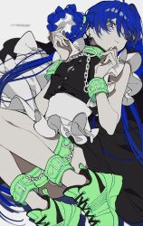 Rule 34 | 1girl, alternate hairstyle, ankle cuffs, bdsm, blue hair, bondage, bound, chain, closed mouth, collar, cuffs, expressionless, looking at viewer, lying, mochizuki kei, original, solo, wrist cuffs