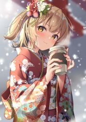 Rule 34 | 1girl, nanashi inc., :3, absurdres, animare, blurry, blurry background, blush, brown hair, closed mouth, coffee cup, cup, disposable cup, egasumi, flower, hair flower, hair ornament, highres, holding, holding cup, imsaibo3, inaba haneru (animare), japanese clothes, kanzashi, kimono, looking at viewer, medium hair, nail polish, pink nails, print kimono, red flower, red kimono, shippou (pattern), smile, snowing, solo, two side up, upper body, virtual youtuber, white flower, wide sleeves, yellow eyes