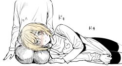 Rule 34 | 1boy, androgynous, apron, apron pull, bad id, bad twitter id, blonde hair, blush, clothes pull, erubo, flying sweatdrops, head out of frame, lap pillow, male focus, monochrome, original, out of frame, seiza, simple background, sitting, smile, solo focus, spot color, white background, yuuta (erubo)