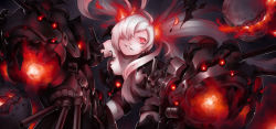 Rule 34 | 10s, 1girl, abyssal ship, bad id, bad pixiv id, breasts, cleavage, floating fortress (kancolle), gauntlets, glowing, grin, hair over one eye, kantai collection, leaning forward, long hair, pectong, red eyes, smile, solo focus, southern ocean war princess, twintails