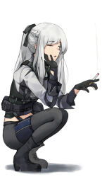 Rule 34 | absurdres, ak-12 (girls&#039; frontline), black gloves, boots, braid, cigarette, closed mouth, coteri, french braid, full body, girls&#039; frontline, gloves, grey hair, hair ribbon, head rest, highres, holding, holding cigarette, long hair, pants, partially fingerless gloves, ponytail, ribbon, smoking, squatting, white background