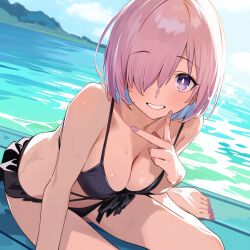 Rule 34 | 1girl, absurdres, bare shoulders, beach, bikini, black bikini, blush, breasts, cleavage, fate/grand order, fate (series), hair over one eye, highres, large breasts, long bangs, looking at viewer, mash kyrielight, purple eyes, purple hair, purple nails, short hair, sitting, smile, solo, swimsuit, xiaoxiao de kuangsan