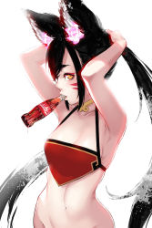 Rule 34 | 1girl, animal ears, armpits, arms up, black hair, bottle, breasts, chinese clothes, cleavage, coca-cola, drink, dudou, eyeshadow, facial mark, fox ears, highres, hu-er (robot cat), long hair, looking at viewer, makeup, mouth hold, navel, original, profile, red eyeshadow, robot cat (robotcatart), shadow, simple background, small breasts, solo, twintails, very long hair, whisker markings, white background, yellow eyes