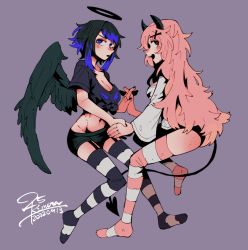 Rule 34 | 25 kimera, 2girls, angel, blue eyes, blue hair, breasts, cleavage, demon girl, hair ornament, halo, highres, holding hands, horns, multiple girls, no shoes, pink hair, red eyes, shorts, striped clothes, striped thighhighs, tail, thighhighs, wings, x hair ornament
