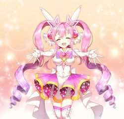 Rule 34 | 1girl, aisha landar, back bow, bloomers, bow, bowtie, closed eyes, cowboy shot, dress, elsword, facing viewer, gloves, gradient background, hair ornament, light particles, long hair, magical girl, metamorphy (elsword), open mouth, outstretched hand, pink background, purple bow, purple hair, sidelocks, signature, smile, solo, sparkle, tempy (rinsia), thighhighs, twintails, underwear, white bloomers, white bow, white gloves, white thighhighs, yellow background, zettai ryouiki