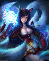 Rule 34 | 1girl, absurdres, ahri (league of legends), animal ears, artist name, bare shoulders, black hair, black nails, breasts, cleavage, commentary, cowboy shot, detached sleeves, energy ball, facial mark, fingernails, foreshortening, fox ears, fox tail, glowing, highres, korean clothes, large breasts, league of legends, lips, long hair, looking at viewer, multiple tails, nail polish, nose, parted lips, rena illusion, renaillusion, shiny skin, signature, solo, tail, watermark, whisker markings, yellow eyes