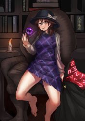 Rule 34 | 1girl, absurdres, ayakumo, barefoot, bookshelf, bow, brown eyes, brown hair, candlestand, cape, chair, clothes writing, dress, glasses, hat, hat bow, highres, indoors, long sleeves, occult ball, purple dress, shirt, sitting, solo, touhou, usami sumireko