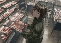 Rule 34 | 1girl, bad id, bad pixiv id, black hair, blood, bob cut, coat, expressionless, female focus, food, holding, meat, original, raw meat, shopping cart, solo, standing, store, tensen (dotted line), veins