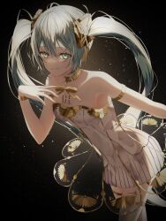 Rule 34 | 1girl, alternate costume, aqua hair, armlet, armpits, bare shoulders, bracelet, collarbone, commentary, dress, ebimau, gold choker, gramophone miku, hatsune miku, highres, jewelry, long hair, miku symphony (vocaloid), see-through, simple background, smile, solo, thighhighs, twintails, very long hair, vocaloid, white background, white dress, white thighhighs