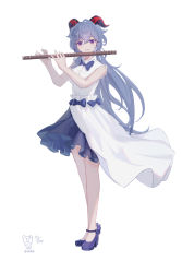 Rule 34 | 1girl, 2022, absurdres, bear minstrel, black skirt, bow, bowtie, dated, dress shirt, floating hair, full body, ganyu (genshin impact), genshin impact, high heels, highres, holding, holding instrument, horns, instrument, long hair, looking at viewer, medium skirt, parted lips, pleated skirt, purple bow, purple bowtie, purple eyes, purple footwear, purple hair, shirt, simple background, skirt, sleeveless, sleeveless shirt, smile, solo, standing, strappy heels, very long hair, white background, white shirt