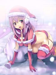 Rule 34 | 1girl, :d, all fours, ass, boots, breasts, christmas, elbow gloves, gloves, hat, headphones, highres, large breasts, long hair, nitroplus, open mouth, panties, piiko (aa doushiyou), pink hair, red eyes, red gloves, sack, santa hat, side-tie panties, smile, solo, super sonico, thigh boots, thighhighs, underwear