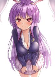 Rule 34 | 1girl, :3, animal ears, black jacket, blazer, breasts, cleavage, closed mouth, collared shirt, cowboy shot, crescent, crescent pin, highres, jacket, large breasts, long hair, looking at viewer, pink skirt, pleated skirt, purple hair, rabbit ears, red eyes, reijing etrn, reisen udongein inaba, shirt, simple background, skirt, solo, standing, touhou, white background, white shirt