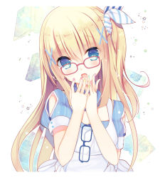 Rule 34 | 1girl, :o, blonde hair, blue-framed eyewear, blue eyes, blush, book, commentary request, dress, eyewear hang, fang, glasses, hair between eyes, hair ornament, hair ribbon, head tilt, humuyun, long hair, looking at viewer, multicolored nails, nail polish, one side up, open mouth, original, own hands together, red-framed eyewear, ribbon, short sleeves, solo, striped ribbon, tareme, unworn eyewear, upper body, white background, white dress, x hair ornament