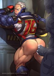 Rule 34 | 2boys, against wall, anal, ass, blush, bottomless, cum, cum in ass, cumdrip, ejaculating while penetrated, ejaculation, erection, gloves, highres, large penis, lucio (overwatch), luxuris, male focus, male penetrated, multiple boys, muscular, overwatch, overwatch 1, penis, scar, sex, silver hair, soldier: 76 (overwatch), sweat, uncensored, yaoi