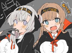 Rule 34 | 2girls, ahoge, alternate costume, bad id, bad twitter id, bat (animal), black cape, black gloves, black headband, blue eyes, blush, braid, breasts, brown hair, buttons, cape, castle, clothes writing, collared shirt, commentary request, english text, fangs, fujiyama ichiha, gloves, grey eyes, hachimaki, hair between eyes, hair over shoulder, hair tie, halloween, halloween costume, headband, kantai collection, light brown hair, long hair, looking at viewer, multiple girls, one side up, open mouth, red ribbon, removing glove, ribbon, shirt, silver hair, smile, speech bubble, suzutsuki (kancolle), teeth, teruzuki (kancolle), translated, twin braids, upper body, v-shaped eyebrows, white shirt, witch