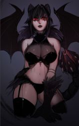 Rule 34 | 1girl, alternate costume, alternate hair color, animal ears, animal hands, bare shoulders, black panties, black thighhighs, breasts, claws, cleavage, cropped legs, cross, dark, fur, fur collar, goth fashion, grey background, hair between eyes, large breasts, lion ears, lipstick, long hair, makeup, manticore (monster girl encyclopedia), matilda fiship, monster girl encyclopedia, navel, pale skin, panties, parted lips, prehensile tail, red eyes, red lips, slit pupils, solo, spikes, spread wings, tail, thighhighs, third-party source, underwear, wings