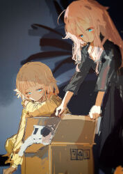Rule 34 | 2girls, absurdres, alternate costume, black dress, blonde hair, blue eyes, blunt bangs, blurry, blush, box, cardboard box, cat, cevio, closed mouth, commentary request, depth of field, dress, expressionless, hair between eyes, hair flaps, hand on own shoulder, hand up, highres, ia (vocaloid), kabuyama kaigi, long hair, long sleeves, looking at animal, multicolored hair, multiple girls, one (cevio), orange hair, pants, pink hair, shirt, siblings, sisters, smile, squatting, standing, streaked hair, vocaloid, yellow pants, yellow shirt