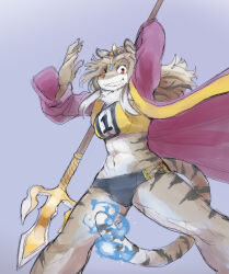 Rule 34 | 1girl, abs, animal ears, durga (housamo), female focus, furry, galaxyspark, highres, holding, holding weapon, polearm, solo, tail, tokyo houkago summoners, trident, weapon