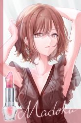 Rule 34 | 1girl, aoba yukichi, armpits, arms up, brown eyes, brown hair, commentary request, cosmetics, dress, earrings, hair ornament, hairclip, highres, higuchi madoka, idolmaster, idolmaster shiny colors, jewelry, lipstick, lipstick tube, makeup, mole, mole under eye, short hair, sleeveless, sleeveless dress, solo, swept bangs, upper body