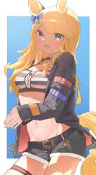 Rule 34 | 1girl, animal ears, bandeau, black jacket, black shorts, blonde hair, blue bow, bow, breasts, cleavage, cowboy shot, gold city (umamusume), grey eyes, hair bow, highres, horse ears, jacket, long hair, long sleeves, looking at viewer, mefuyaka, midriff, navel, open mouth, short shorts, shorts, small breasts, solo, standing, stomach, strapless, striped bandeau, tail, thigh strap, tube top, umamusume