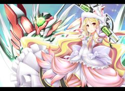 Rule 34 | 1girl, arms up, blonde hair, blush, dress, dual wielding, gun, highres, hina migrateur, holding, letterboxed, long hair, mecha, minato teisyoku, aged up, original, pixiv robot wars gaia, red eyes, robot, solo, very long hair, weapon