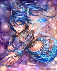 Rule 34 | 1girl, blue eyes, blue nails, blue hair, blue nails, breasts, earrings, eikou no guardian battle, frills, glasses, hair ornament, highres, jewelry, long hair, looking at viewer, madogawa, matching hair/eyes, mermaid, midriff, monster girl, nail polish, navel, necklace, ring, solo